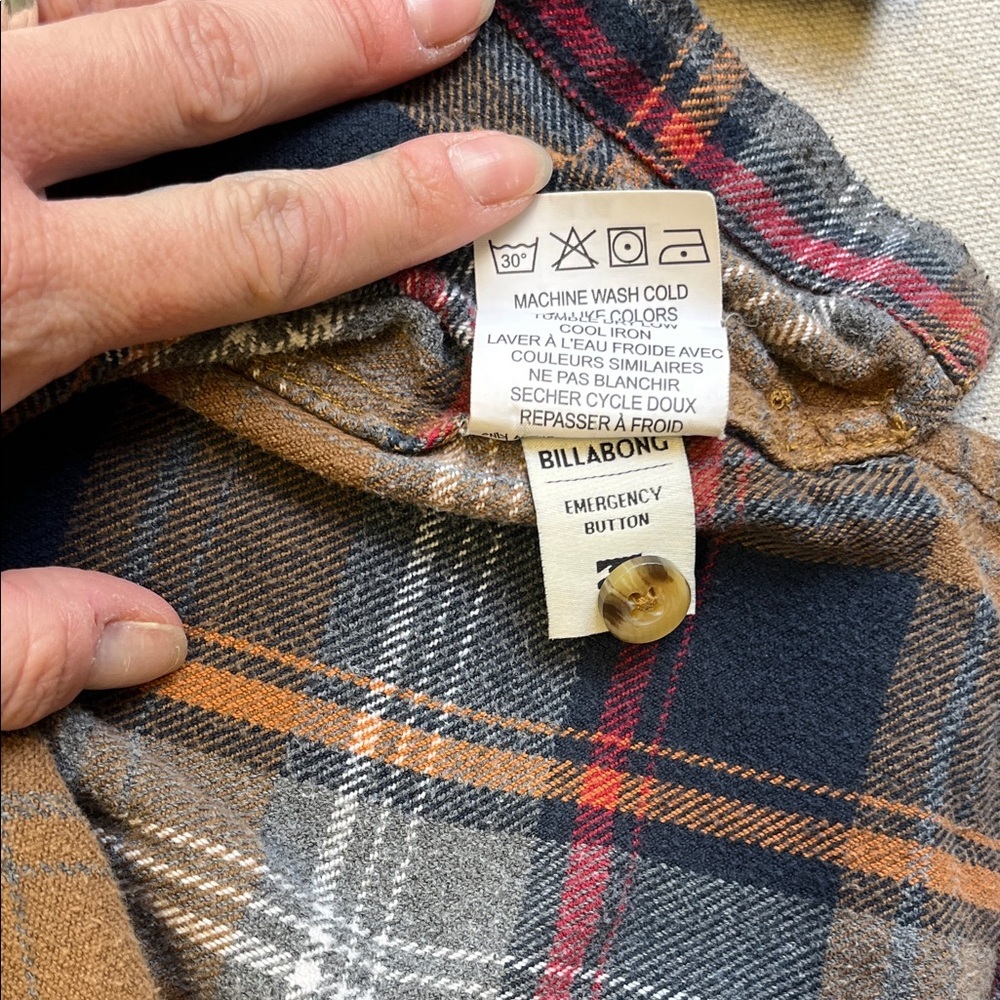 Billabong Plaid Hooded Flannel Shirt Jacket Brown Gray Core Fit Large - Picture 6 of 7